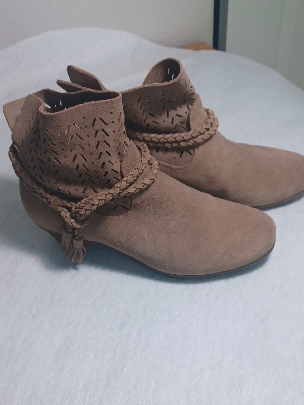 Abeo Taupe Suede Braided Cuff Ankle Booties